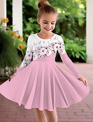 Girls' 3D Floral Dress Pink Long Sleeve 3D Print Fall Winter Sports & Outdoor Daily Holiday Cute Casual Beautiful Kids 3-12 Years Casual Dress A Line Dress Above Knee Polyester Regular Fit