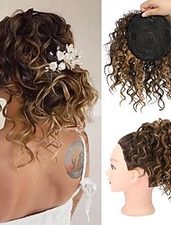 Messy Bun Hair Piece Elastic Drawstring 8 Loose Curls Bun Hair Extensions Hair Topper Synthetic Hair Bun Hairpiece for Women Short Curly Ponytail - Chocolate Brown with Golden Highlights