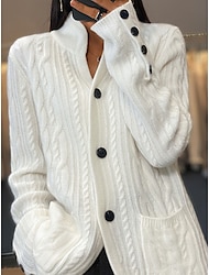 Women's Cardigan Sweater V Neck Cable Knit Polyester Button Pocket Fall Winter Short Daily Going out Weekend Stylish Casual Soft Long Sleeve Solid Color White Camel Brown S M L