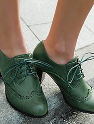 Groene brogue oxford hakken voor dames - vintage leren veterschoenen met dikke hak voor op kantoor en in de vrije tijd