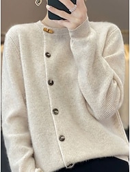 Women's Cardigan Sweater Crew Neck Ribbed Knit Polyester Patchwork Button Fall Winter Regular Daily Going out Weekend Stylish Casual Soft Long Sleeve Solid Color Black Beige Gray S M L