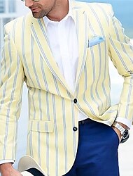 Men's Blazer Formal Evening Wedding Party Birthday Party Fashion Casual Spring &  Fall Polyester Stripes Pocket Casual / Daily Single Breasted Blazer Yellow