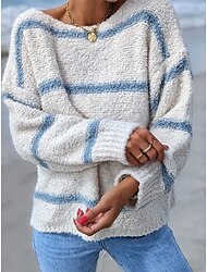 Women's Pullover Sweater Jumper Crew Neck Fuzzy Knit Cotton Blend Oversized Fall Winter Regular Daily Going out Stylish Casual Soft Long Sleeve Striped White / Black Light Blue S M L