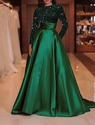βραδινό φόρεμα σε γραμμή αστραφτερό κόκκινο πράσινο φόρεμα επίσημο κοκτέιλ πάρτι δικαστήριο τρένο με ψηλό λαιμό φθινοπωρινό σατέν γάμου καλεσμένων με παγιέτες 2024