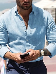 Homens Camisa Social camisa de linho camisa de verão camisa de praia Preto Branco Azul Manga Longa Tecido Colarinho Com Botões Primavera Verão Casual Diário Roupa