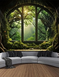 Window View Forest Hanging Tapestry Wall Art Large Tapestry Mural Decor Photograph Backdrop Blanket Curtain Home Bedroom Living Room Decoration
