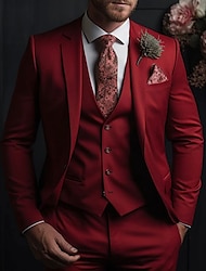 czerwone męskie garnitury na studniówkę garnitury ślubne 3-częściowe jednokolorowe slim fit jednorzędowe, zapinane na dwa guziki 2024