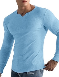 Men's T Shirt Ribbed Knit tee Tee Top Long Sleeve Shirt Long Sleeve V Neck Summer Plain Pit Strip Fashion Designer Basic Knitting Vacation Street Going out Black White Pink Top Tee for Men