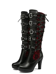 Women's Gothic Lace-Up High Heel Knee-High Boots with Multiple Buckle Straps - Steampunk Style Black Leather Boots with Red Lace Detailing, Perfect for Cosplay and Halloween