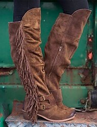 Mujer Botas Botas cowboy Zapatos de gamuza Tallas Grandes Exterior Diario Color sólido Botas hasta la rodilla Invierno Borla Talón de bloque Tacón Cuadrado Dedo redondo Elegante Vintage Zapatos de