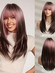 Butterfly Hair Cut Gradient Color Layered Straight Hair Wigs With Bangs Synthetic Fiber Hair Replacement Wigs Hair Wigs For Daily Party Halloween Wear Gift For Women