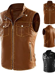 Men's Leather Vest Outdoor Daily Wear Vacation Going out Fashion Basic Fall & Winter Zipper Pocket Faux Leather Warm Plain Zipper Standing Collar Regular Fit Black Khaki Vest
