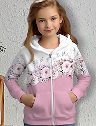 Dívčí 3D Květinový Kapuce Kabát Svrchní oblečení Růžová Dlouhý rukáv 3D tisk Podzim Zima Aktivní Módní Roztomilý Polyester Děti 3-12 let Venkovní Ležérní Denní Běžný