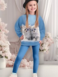 Girls' 3D Cat Sweatshirt & legging Set Long Sleeve 3D Print Fall Winter Active Fashion Daily Polyester Kids 3-12 Years Crew Neck Outdoor Date Vacation Regular Fit