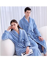 Couple‘s Flannel Bathrobe Pajamas Patchwork Warm Simple Plush Home Bed Warm Breathable V Wire Long Sleeve Pocket Fall Winter