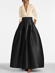 A-Linie Bodenlang Abendkleid Ballkleid Festliche Kleidung Elegant Party Farbblock Langarm V Ausschnitt Hochzeit Schwarze Krawatte Herbsthochzeitsgast Satin Stretchstoff mit Gerafft Tasche