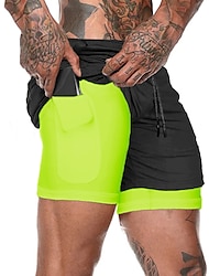 Men's Athletic Shorts Running Shorts Gym Shorts Drawstring 2 in 1 with Phone Pocket Solid Colored Breathable Quick Dry Sports & Outdoor Athleisure Gym Casual / Sporty Slim Deep Green fluorescent