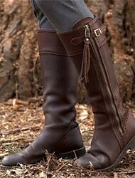 Women's Boots Motorcycle Boots Plus Size Work Boots Outdoor Daily Solid Color Cut-out Knee High Boots Buckle Zipper Flat Heel Round Toe Vintage Casual Comfort Faux Leather Zipper Black Brown