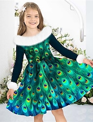 Girls' 3D Peacock Dress Long Sleeve 3D Print Fall Winter Sports & Outdoor Daily Holiday Cute Casual Beautiful Kids 3-12 Years Casual Dress Swing Dress A Line Dress Above Knee Polyester Regular Fit