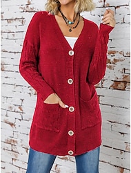 Women‘s Christmas Cardigan Sweater V Neck Cable Knit Polyester Button Pocket Fall Winter Long Outdoor Xmas Daily Going out Stylish Casual Soft Long Sleeve Solid Color Black Red Blue S M L