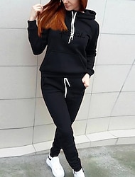 Women's Hoodie Tracksuit Pants Sets Print Outdoor Casual Warm Sports Long Sleeve Hooded Black Fall & Winter