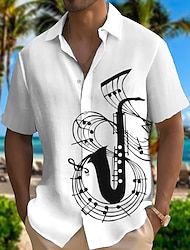 camisa masculina estampas gráficas notas musicais instrumento musical abertura de cama branco rosa azul verde ao ar livre rua manga curta imprimir roupas vestuário designer de moda casual macio