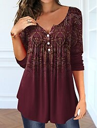 Pentru femei Tricou Cămașă Henley Grafic Modă Manșon Lung În V Topuri obișnuite Zilnic Sfârșit de săptămână Nasturi Imprimeu Tunică curgătoare Roșu-aprins Albastru piscină Mov Trifoi Primăvara