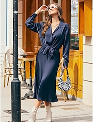 Navy Blue Lace-Up Ruched Shirt Dress