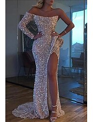 Mermaid Dress Evening Gown Red Green Dress Formal Wedding Court Train Long Sleeve One Shoulder Sequined with Sequin Slit 2024