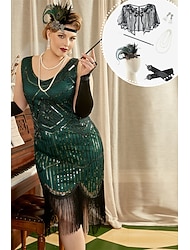Retro Vintage Goldene Zwanziger 1920er Knielang Flapper Kleid Kleid Outfits Übergröße Ärmellos Der große Gatsby Hochzeitsgast Pailletten Quastenfransen V Ausschnitt Kostüm Damen Weihnachten Karneval