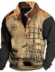Sailboat And Compass Mens Graphic Hoodie Ship Nautical Daily Casual Vintage Retro 3D Print Sweatshirt Sports Outdoor Holiday Vacation Sweatshirts Black Blue Green Stand Collar Cotton