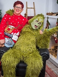 Mikulás Green Monster Furry Kezeslábas Mikulás ruhák Szerepjáték jelmezek Onesies Férfi Női Fiú Lány Karácsony Cosplay jelmez Gyermek Felnőttek Karácsony Álarcos mulatság Karácsony Parti Egyrészes