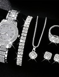 luxe strass quartz horloge hiphop mode analoog polshorloge&amp; 6-delige sieradenset cadeau voor vrouwen haar