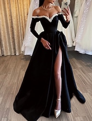 A-Line Evening Gown Black Dress Dress Formal Masquerade Sweep / Brush Train Long Sleeve Off Shoulder Satin with Pearls Slit 2024