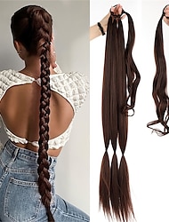Long Braided Ponytail Extension With Elastic Hair Tie Straight Sleek Wrap Around Braid Hair Extensions Ponytail, DIY Natural Soft Synthetic Hair Piece For Women Daily Wear