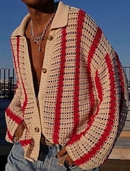 Per uomo Cardigan Maglione Giacca maglione Grosso Maglia Standard Strisce verticali Bavero Abbigliamento Spalla cadente Per tutte le stagioni Rosso M L XL