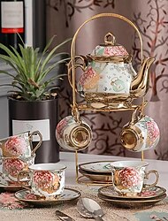 20pcs Tea Set, Ceramics Tea Set, Afternoon Tea Set Porcelain Tea Set With Metal Holder, European Ceramic Tea Set For Adults,Flower Tea Set,Tea Set For Women With Flower Painting