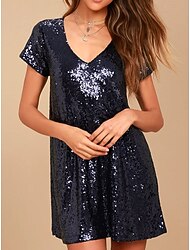 Women's Mini Dress Sequin Dress Holiday Dress T Shirt Dress Tee Dress Black Tie Dress Streetwear Party Sexy Party Loose Fit Short Sleeve V Neck Black Champagne Fall Winter