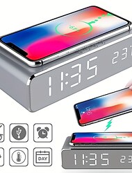 Cargador inalámbrico tiempo despertador LED termómetro digital auriculares cargadores de teléfono estación de carga rápida para iPhone 15 14 13 12 Samsung
