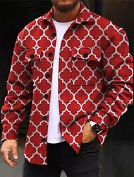 Geometry Casual Men's Shirt Shirt Jacket Shacket Outdoor Street Casual Daily Fall & Winter Turndown Long Sleeve Red S M L Shirt