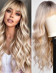 ombre blond paruky s ofinou dlouhá kudrnatá paruka pro ženy blond dlouhá vlnitá paruka paruka ze syntetických vlasů na párty cosplay denní použití 24in