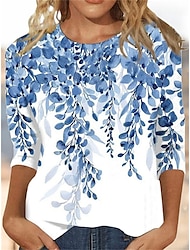 女性用 Tシャツ リーフ柄 祝日 週末 プリント ブルー 長袖 ファッション ラウンドネック 春 & 秋
