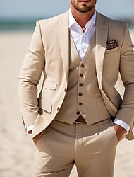 khaki színű férfi strand esküvői öltönyök egyszínű 3 részes üzleti alkalmi napi öltönyök molett egysoros kétgombos 2024