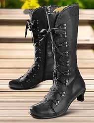 Mulheres Botas Botas de botão Bullock Shoes Tamanhos Grandes Ao ar livre Diário Côr Sólida Botas da panturrilha Inverno Salto Sabrina Ponta Redonda Elegante Vintage Moda Couro Sintético Com Cadarço