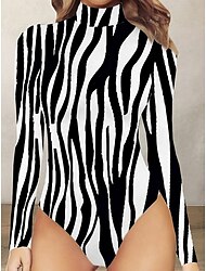 Women's Bodysuit Print Striped Stand Collar Ordinary Daily Weekend Bodycon Long Sleeve Black Yellow Gray S M L All Seasons