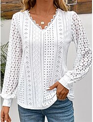 Damen Hemd Bluse Glatt Spitze Patchwork Casual Modisch Langarm V Ausschnitt Weiß Frühling & Herbst