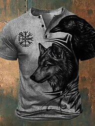 Grafisch Wolf Viking Modieus Retro vintage Klassiek Voor heren 3D-afdrukken T-shirt Henley-shirt Buitensporten Feestdagen Uitgaan T-shirt blauw Groen Khaki Korte mouw Henley Overhemd Lente zomer