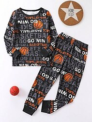3D-Basketball-Pyjama-Set für Jungen, langärmlig, 3D-Druck, Herbst, Winter, aktiv, cool, täglich, Polyester, Kinder 3–12 Jahre, Rundhalsausschnitt, für Zuhause, leger, für den Innenbereich, normale