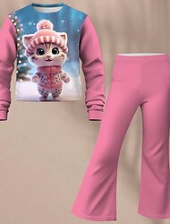Voor meisjes 3D Kat Set Set met sweatshirt en flare-broek Roze Lange mouw 3D-afdrukken Herfst Winter Actief Modieus Dagelijks Polyester Kinderen 3-12 jaar Strakke ronde hals Buiten Afspraakje Vakantie