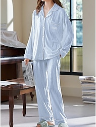 Conjunto de pijama feminino azul bebê carta casual conforto casa diária cama algodão respirável lapela manga comprida camisa calça botão bolso outono inverno branco rosa